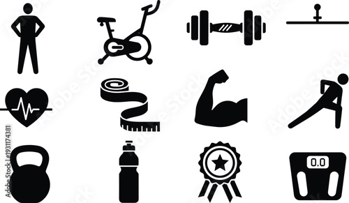 Fitness and weight loss icon set featuring stationary bike kettlebell dumbbell scales and measuring tape for gym branding workout tracking health and wellness apps