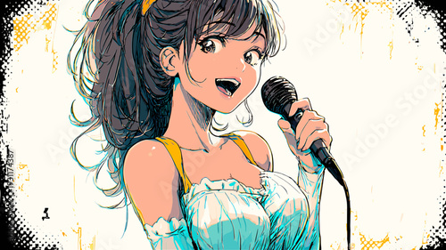 マイクを持つ歌う少女　ライブステージのアニメ風イラスト