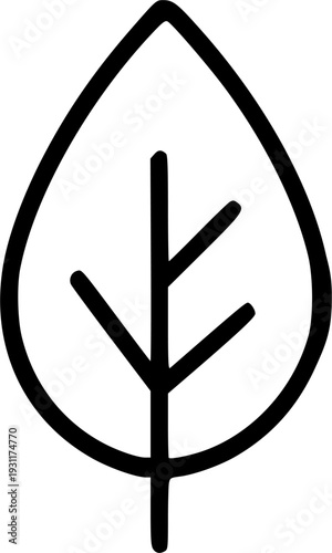 Simple black and white outline icon of a single leaf, representing nature and growth