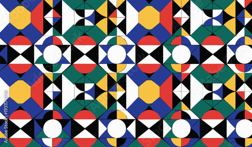 Dynamic geometric pattern featuring a vivid interplay of primary and secondary colored shapes, creating a contemporary abstract mosaic that radiates modern aesthetic and structured harmony