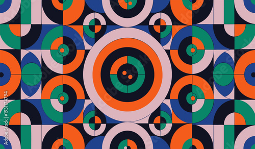 A captivating fusion of vibrant geometric shapes forming a harmonious and retro-modern abstract pattern, creating a visually striking and dynamic design
