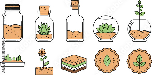 Terrarium and Glass Jar Plant Vector Illustration Set with Succulents in Corked Bottles Mini Ecosystems Indoor Greenery and Decorative Botany Badge Icons