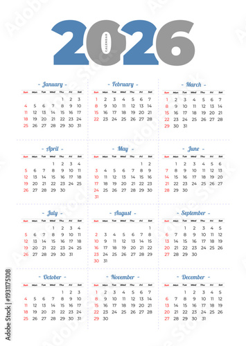 Two Color 2026 Calendar Template