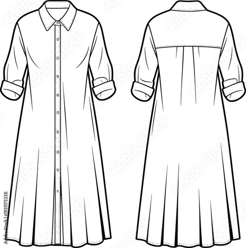 Women midi shirt dress CAD drawing, front and back view technical fashion flat vector illustration template