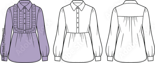 Women ruffle bib long sleeve blouse CAD drawing, front and back view technical fashion flat vector illustration template