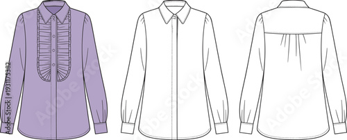 Women ruffle front long sleeve blouse CAD drawing, front and back view technical fashion flat vector illustration template