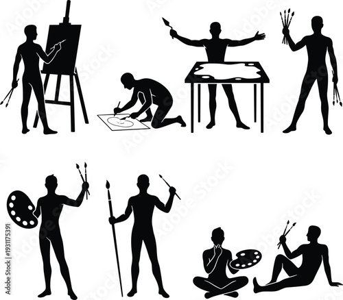 Artist silhouettes set, painter characters with brushes, palette, easel, and canvas, creative workshop poses for fine arts and design vector illustration
