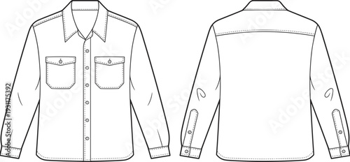 Women long sleeve flap pocket shirt CAD drawing, front and back view technical fashion flat vector illustration template