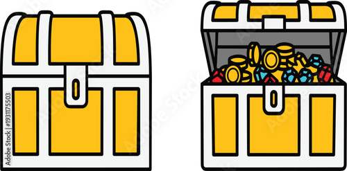 Treasure Chest Vector Illustration Set with Closed and Open Wooden Box Full of Gold Coins and Sparkling Gemstones for Adventure Game Design