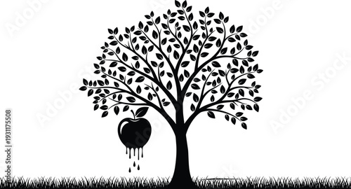 Black tree silhouette with small leaves and a large melting apple hanging from a branch, surreal nature vector
