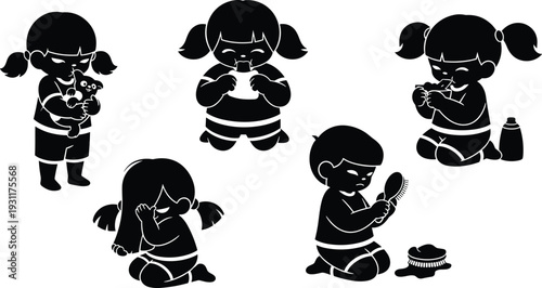Children daily routine silhouette set, kids brushing hair, eating snacks, playing with pets, morning activities, childhood habits, black vector illustration.