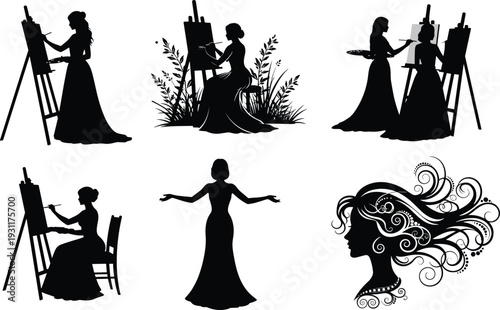 WebFemale artist silhouettes set, woman painter at easel, creative lady with brush, elegant painting poses, floral art studio vector illustration,