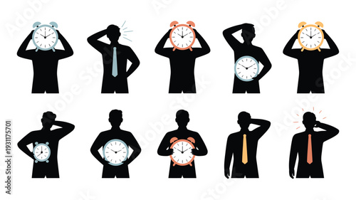 Silhouettes of businessmen holding clocks stressed about time management and deadlines vector illustration set