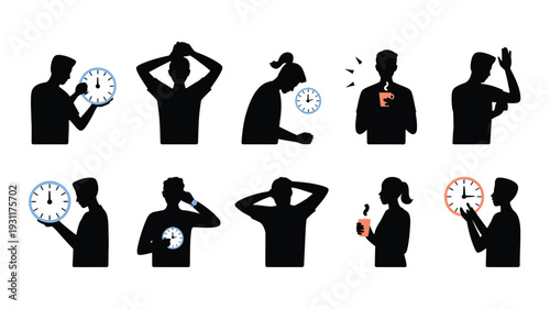 Silhouette illustrations of stressed people holding clocks and bottles expressing frustration and time pressure in a minimalist flat vector style