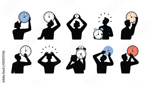 Vector illustration of people holding clocks representing time management stress and organization concepts