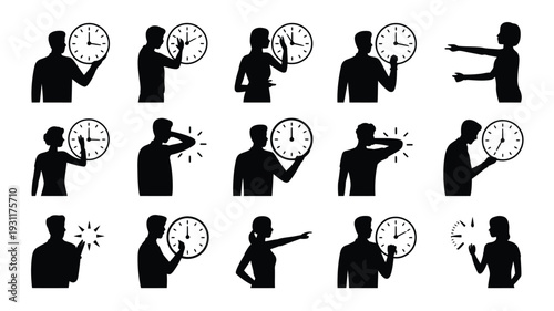 Silhouette icons of people holding clocks in various poses conveying time management and urgency concepts