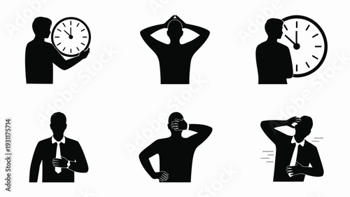 Stressful office workers in silhouette with clocks and frustration gestures