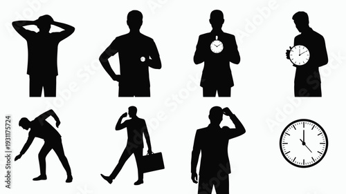 Silhouettes of stressed business people with clocks illustrating time management and deadlines