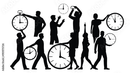 People in silhouette carrying and manipulating large clocks symbolizing time and urgency in a busy monochrome scene