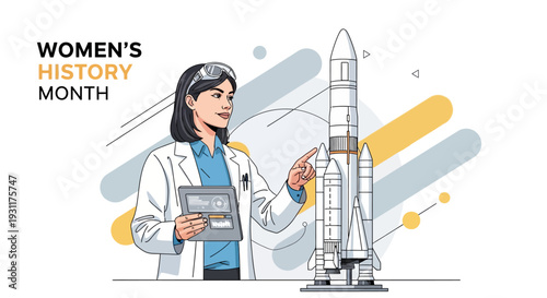 Illustration of a woman in a lab coat pointing at a rocket model with a tablet in hand, celebrating Women's History Month and empowerment in STEM with a modern design.
