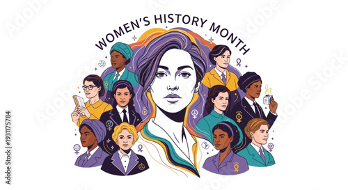 Illustration of a woman surrounded by diverse professionals celebrating Women's History Month with a vibrant and inclusive design.