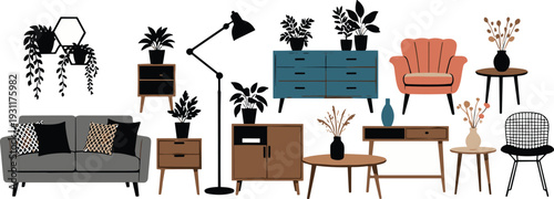 Mid-century modern furniture collection featuring a grey sofa, blue dresser, peach armchair, wooden side tables, floor lamp, and various potted houseplants for interior design.