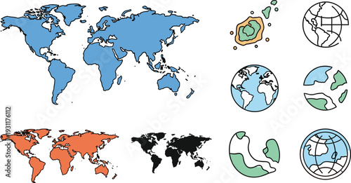 World Map and Globe Icons Set with Detailed Continents Silhouette Earth Sphere Models Landmass Outline and Global Geography Symbols for Travel and Navigation Design