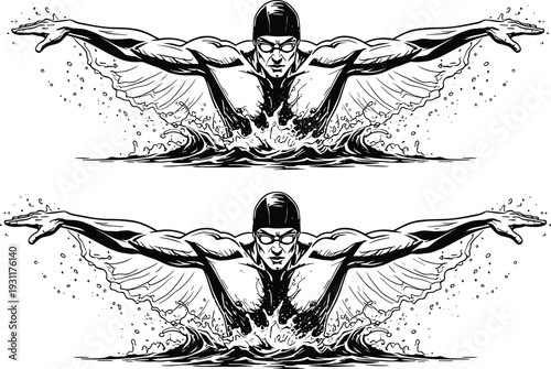 Professional swimmer performing butterfly stroke vector illustration with muscular athlete swimming in water splash for competitive sports branding swimming pool logo and aquatic mascot