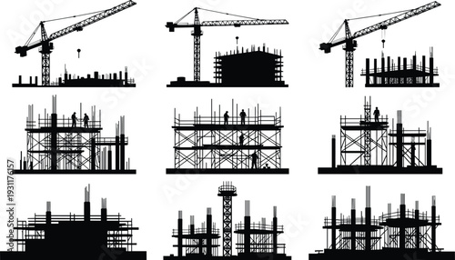 Set of black construction site silhouettes featuring industrial tower cranes, building scaffolding with workers, structural frames, and heavy machinery for urban development projects.