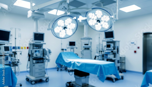 Blurred operating room interior with surgical table and overhead lights.