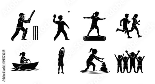 Various sports figures depicted in black silhouettes on transparent background