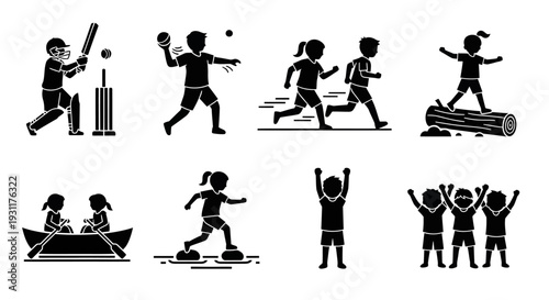Children engaged in various sports and activities a black silhouette on transparent background