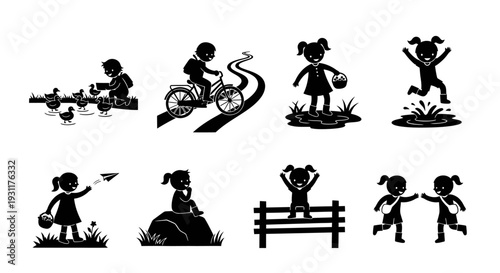 Children enjoying spring activities with ducks and bikes silhouette on transparent background