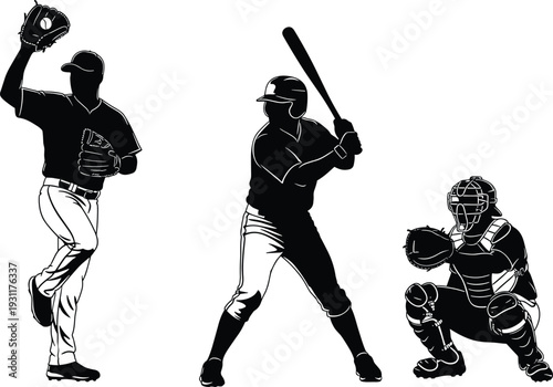 Baseball silhouette illustration, pitcher throwing ball, batter swinging bat, catcher crouching mitt, sports icon design, team game action art