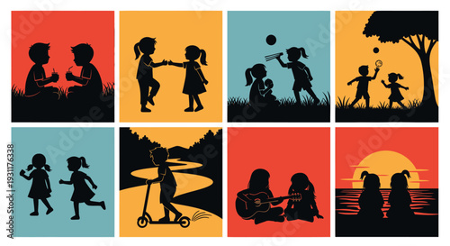 Children playing in various scenes a delightful vector silhouette on transparent background