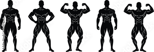 Set of muscular male bodybuilder silhouettes in various competition poses and flexing positions for gym logos fitness branding workout motivation and sports mascot design