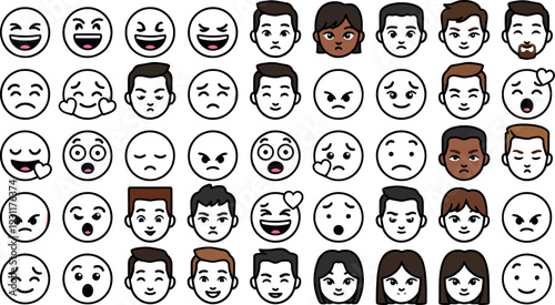 Diverse male and female face icons in outline style