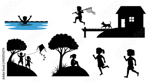 Children playing outdoors with a dog and kite black silhouette on transparent background