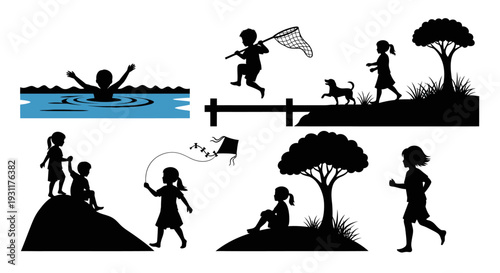 Children playing outdoors with nature elements on transparent background silhouette