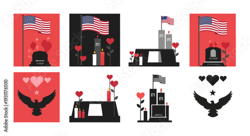 Memorial day graphics with flags hearts and eagle silhouette on transparent background