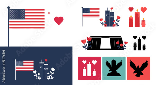 Patriotic american flags hearts and candles memorializing 9 11 silhouette on transparent background
