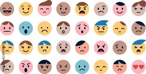 Set of cute human face emoji with various expressions