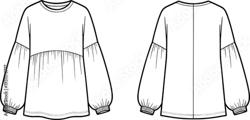 Women fashion technical sketch of a long sleeve oversized blouse with puff sleeves and empire waist gathering shown in front and back view.