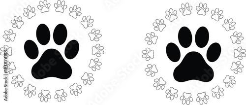 Black and White Dog Paw Print Vector Design Featuring Large Center Paw Surrounded by Small Footprints in a Circular Border.