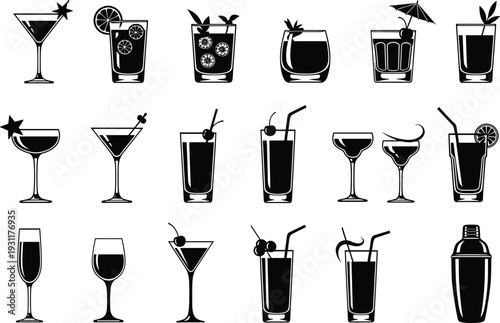 Black and white cocktail icon set featuring martini glasses, tropical drinks, glassware, garnishes, and shaker for bar menus and party designs.