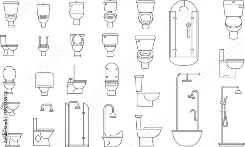 Bathroom toilet and shower line icon set featuring modern sanitary fixtures, plumbing equipment, restroom furniture, and hygiene symbols ideal for interior design, construction, renovation