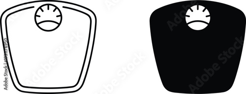 Bathroom weighing scale icon set in outline and solid styles isolated on background, symbolizing weight measurement, health monitoring, fitness tracking and body mass control