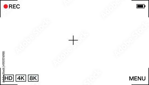 Camera recording interface overlay with REC indicator, battery icon, resolution options, and focus crosshair, representing video capture screen, digital filming display, and professional recording UI
