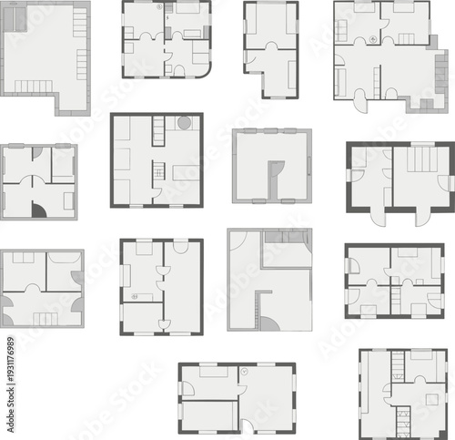 Collection of residential floor plan layouts showing apartment and house interior designs with rooms, doors, stairs, and furniture placement for architectural planning and real estate projects