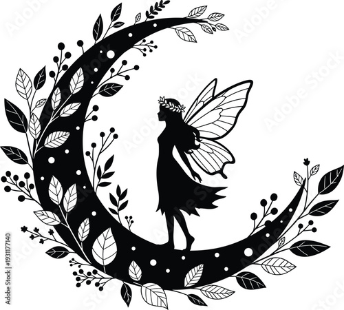 Black and white silhouette of a graceful fairy with large butterfly wings standing inside a floral crescent moon with leaves.